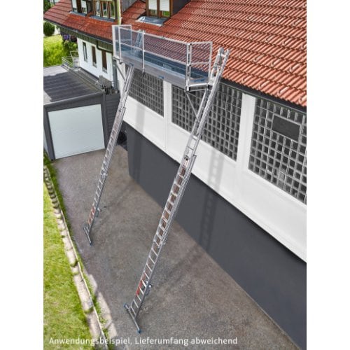 BAVARIA Leitern Blitzgerüst 20 aufgebaut an Hausdach mit blauem Netz